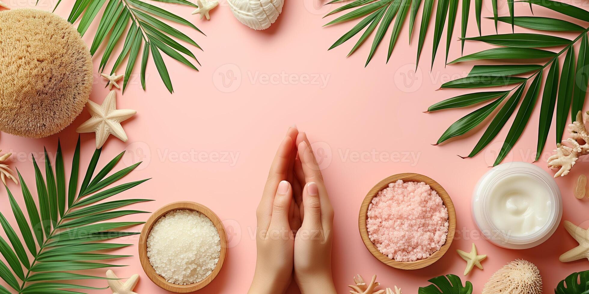 AI generated Spa concept with natural products and tropical leaves on pastel background photo