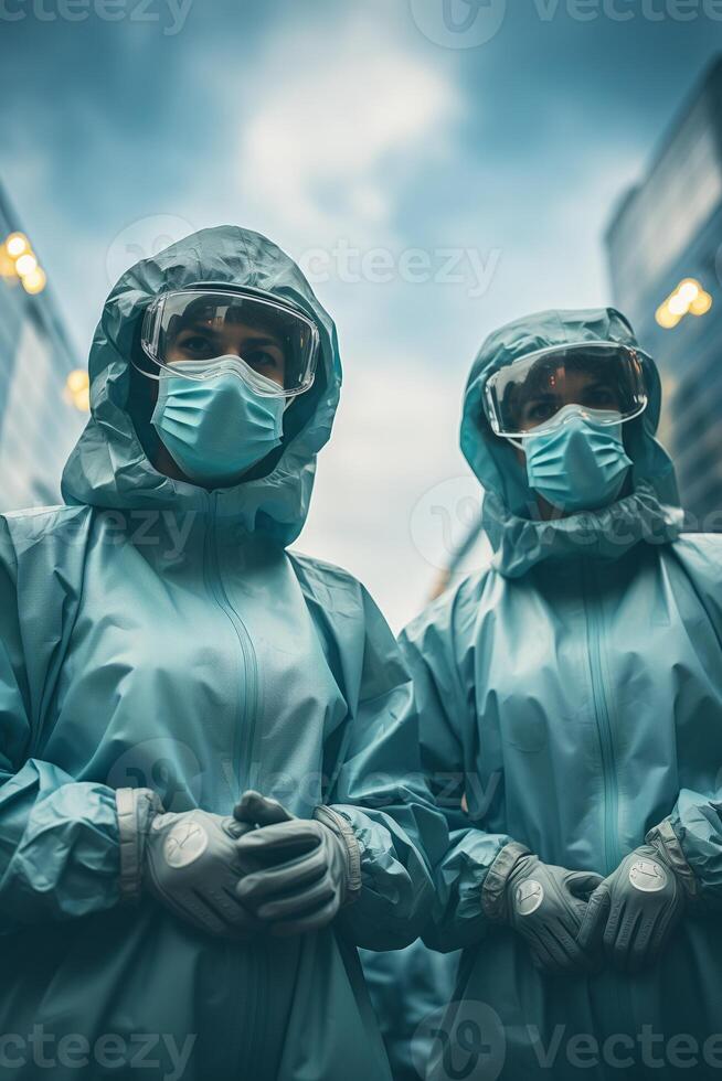 AI generated Two People in Protective Clothing Standing in Front of Tall Buildings photo