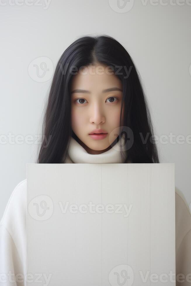 AI generated Woman Holding White Paper With Long Black Hair photo