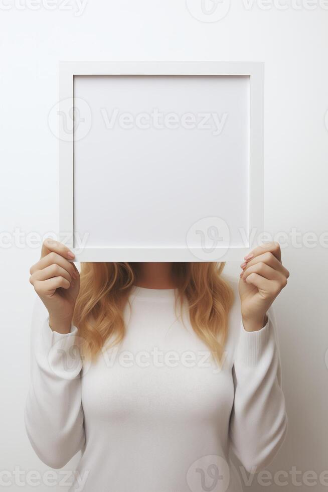 AI generated Woman Holding White Picture Frame photo