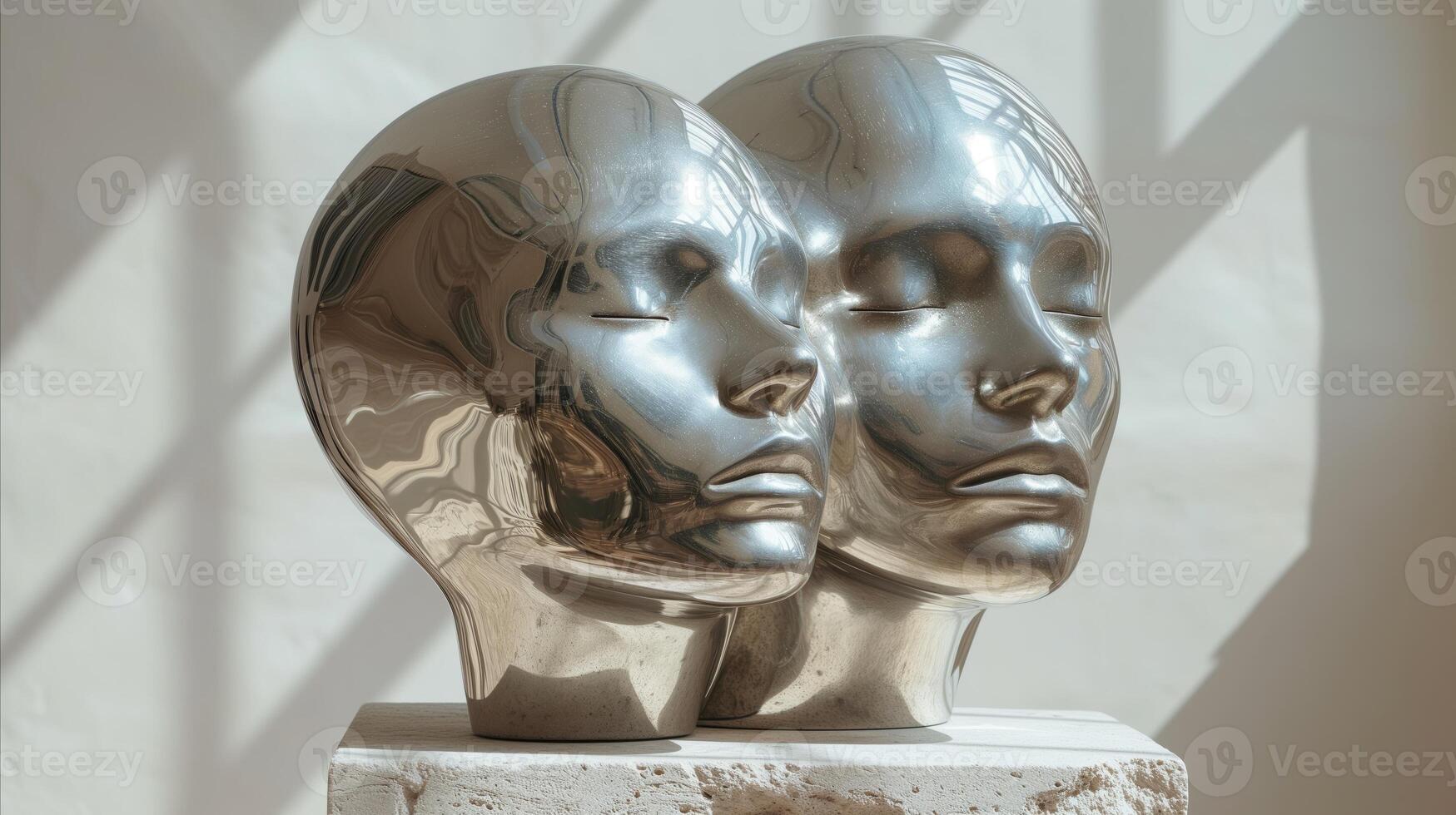 AI generated Abstract silver mannequin heads reflecting shadows and light photo