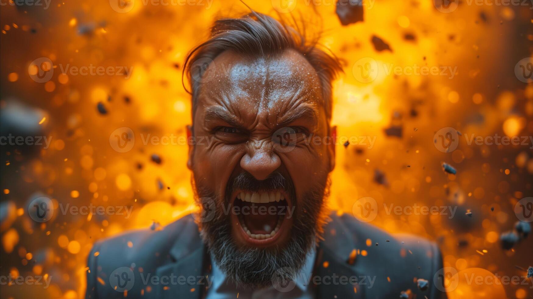 AI generated Fiery explosion background with intense screaming man in suit photo