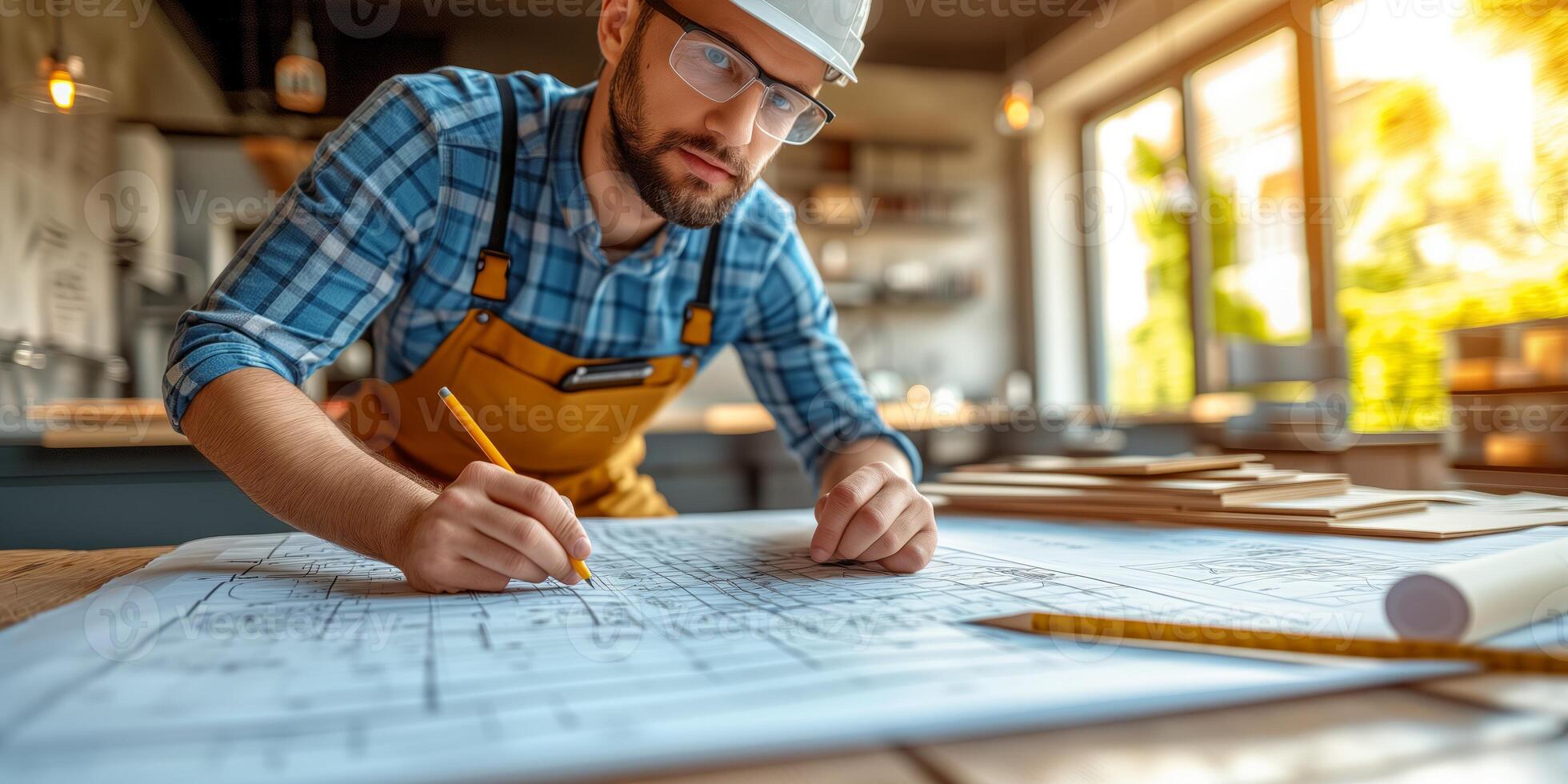 AI generated Focused architect designing blueprints at workplace with precision photo