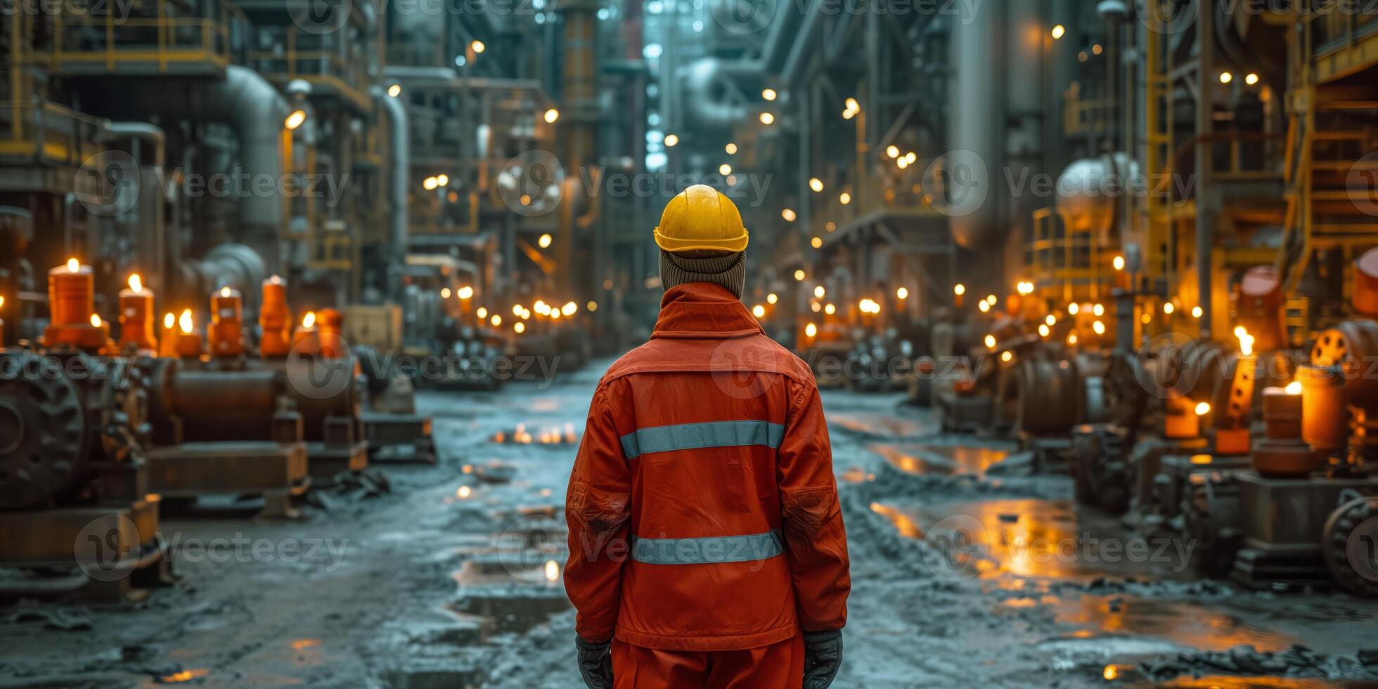 AI generated Industrial worker overseeing production at steel plant facility photo