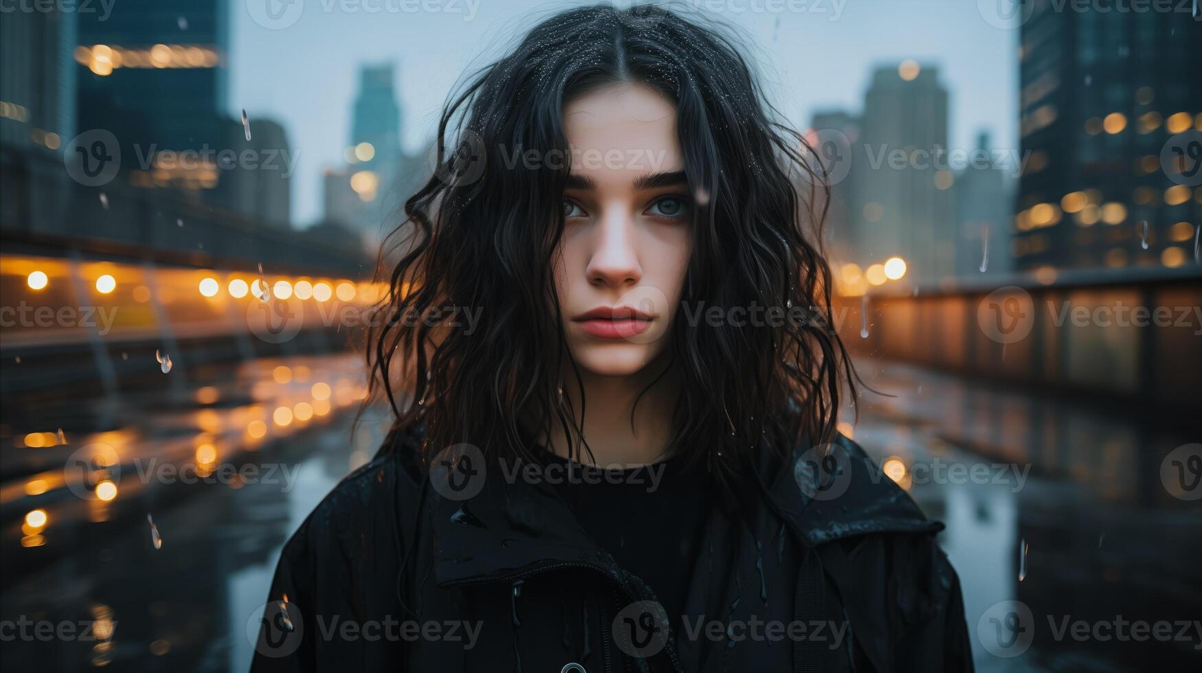 ai generado mujer con largo pelo en pie en el lluvia foto