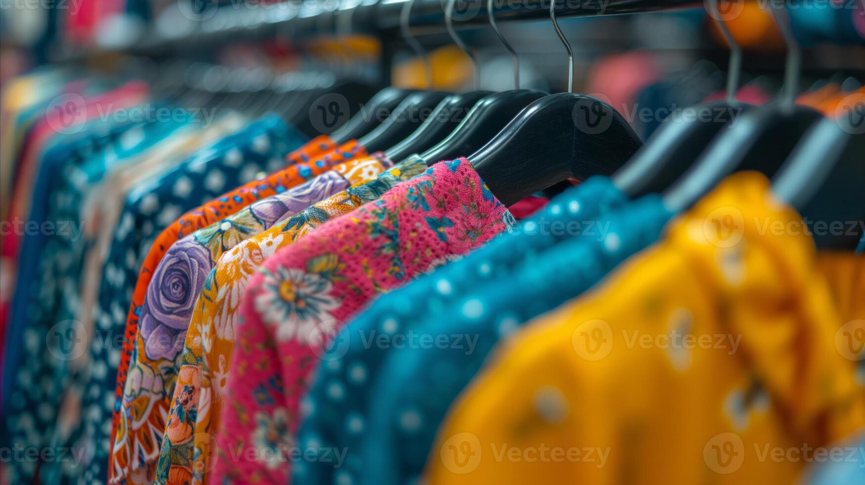 AI generated Vibrant clothing collection on hangers in a fashion store photo