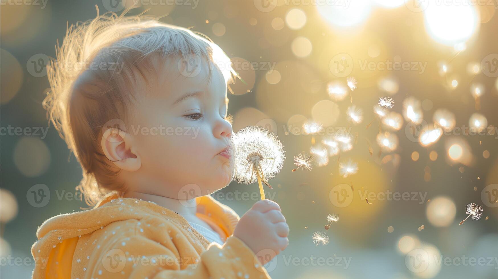 AI generated Little Boy Blowing Dandelion in the Sun photo