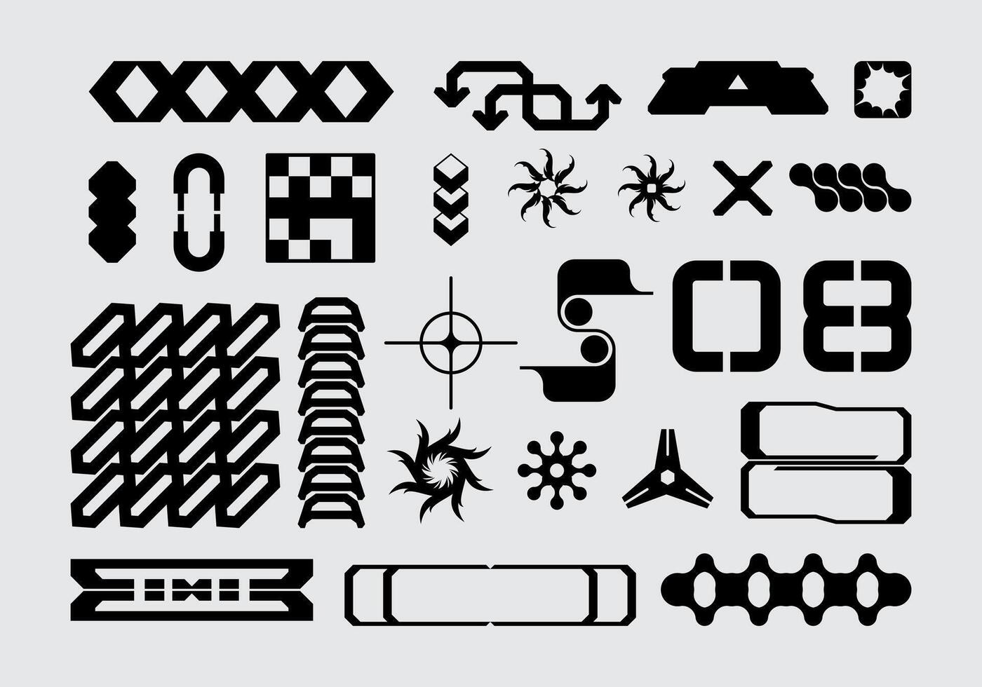 Futuristic abstract asset collection acid shape vector icon y2k Bundle HUD interface game technology separated editable