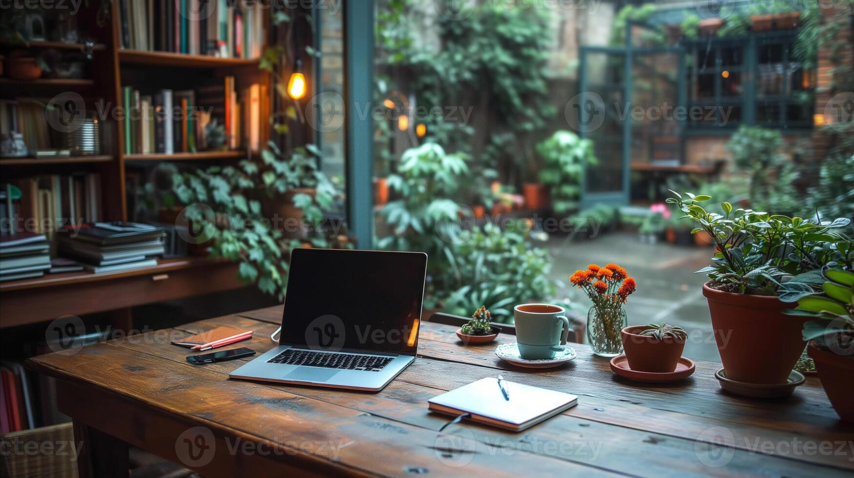 AI generated Laptop Computer on Wooden Table photo