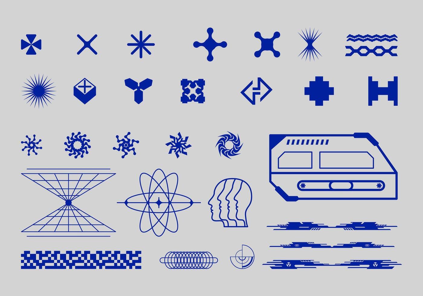 Futuristic abstract asset collection acid shape vector icon y2k Bundle HUD interface game technology separated editable