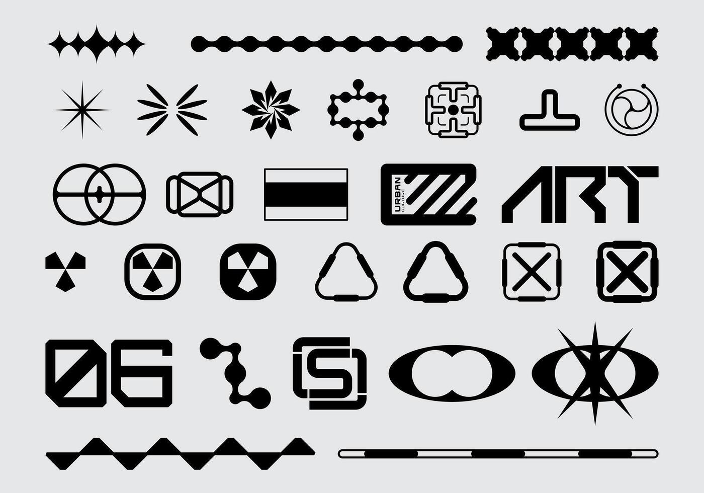 Futuristic abstract asset collection acid shape vector icon y2k Bundle HUD interface game technology separated editable