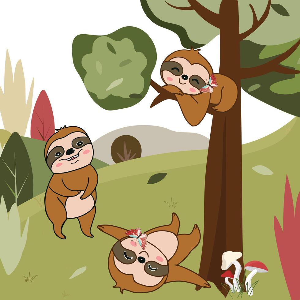 linda perezoso familia teniendo divertido en el bosque dibujos animados vector