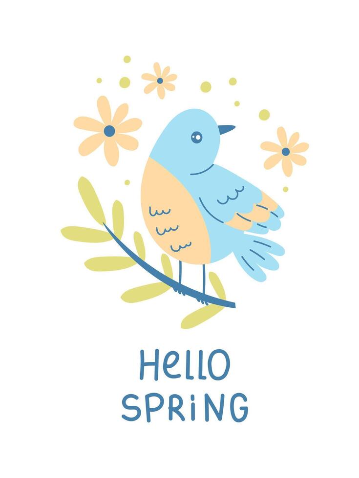 Hello Spring text with bird vector