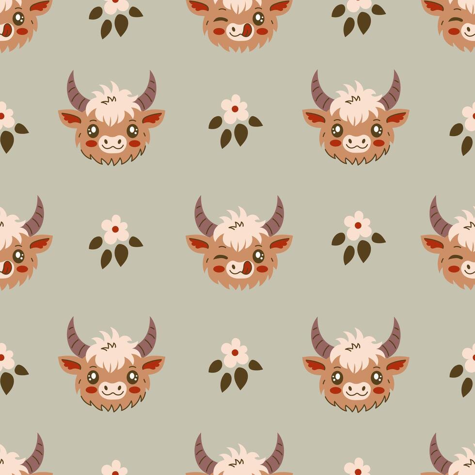 Highland cow and flowers seamless pattern vector