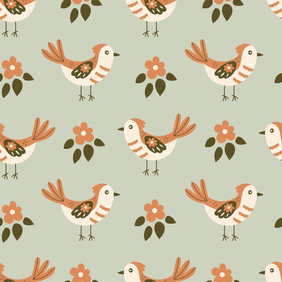 Trendy birds and flowers seamless pattern vector