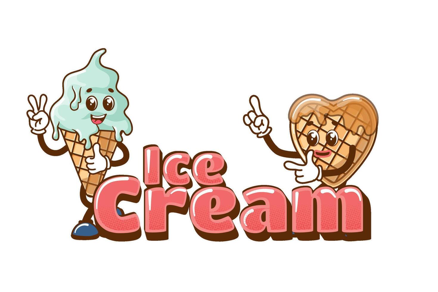 Ice cream sign and retro mascots in cartoon style. Funny retro style dessert mascot for cafe. vector