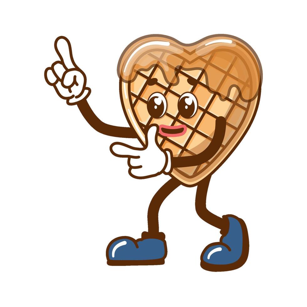 Heart shaped waffle, cartoon style. Funny dessert mascot in retro style for cafe. vector