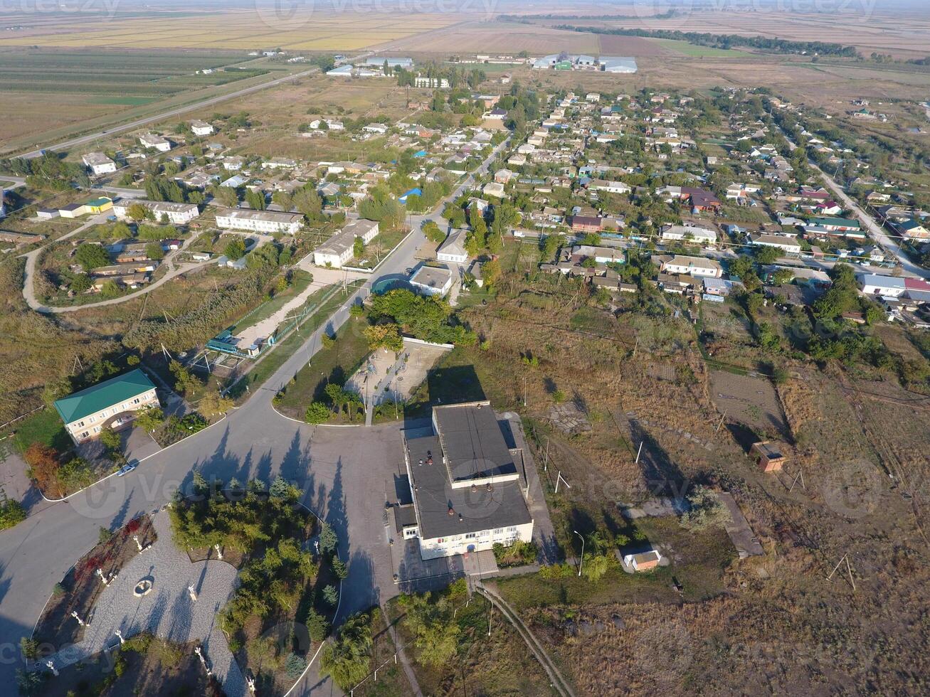 View from the top of the village. Houses and gardens. Countryside, rustic landscape. Aerial photography photo