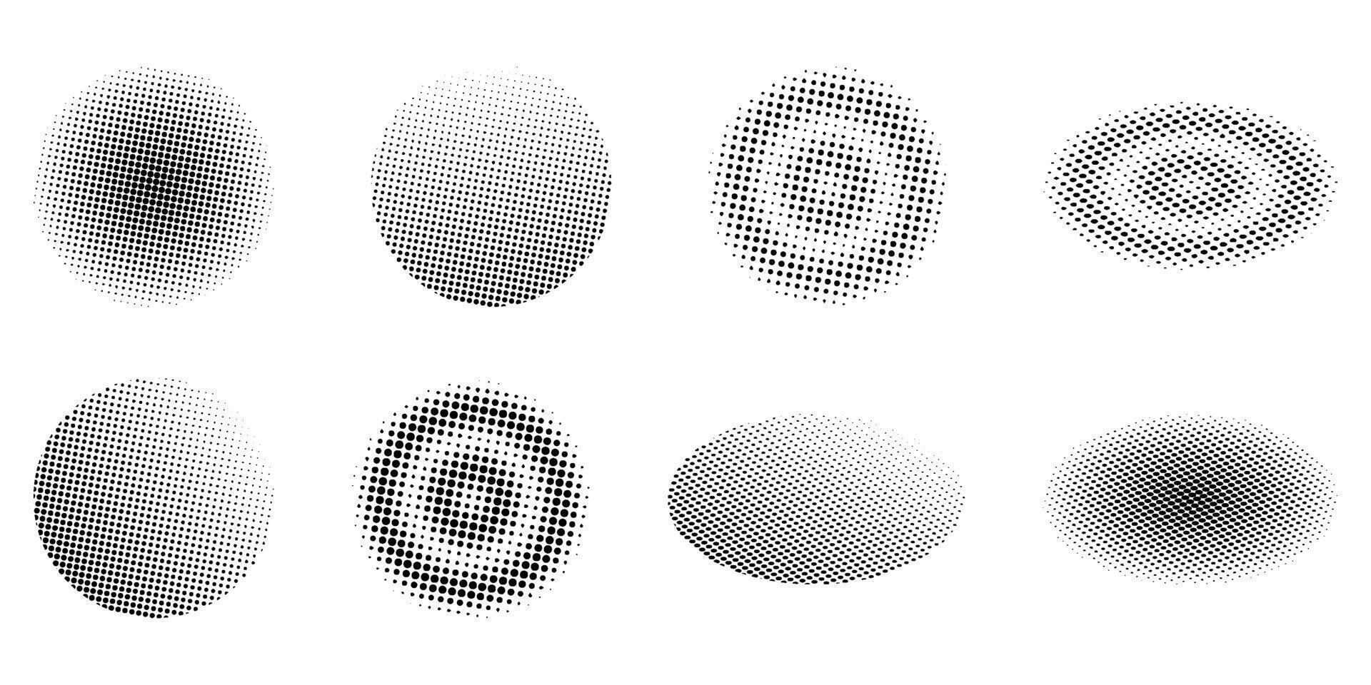 Set of halftone circular dots isolated on white background. Abstract dot circles, circular halftones, gradient and pop art textures. Illustration of halftone gradient spots vector