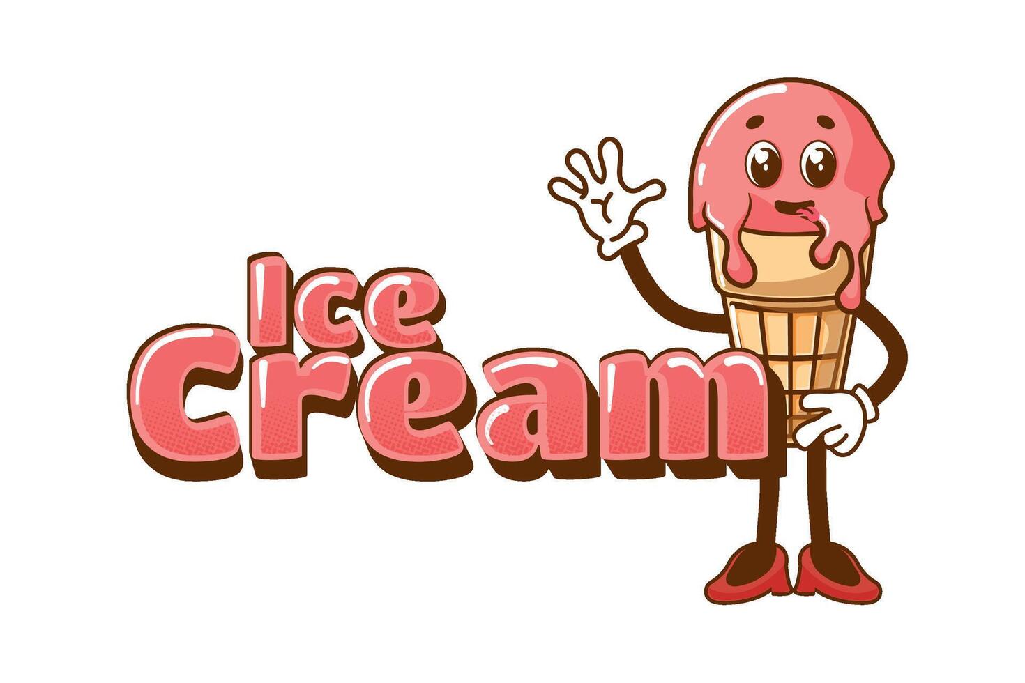 Ice cream cone in cartoon style. Funny dessert mascot in retro style for cafe. vector