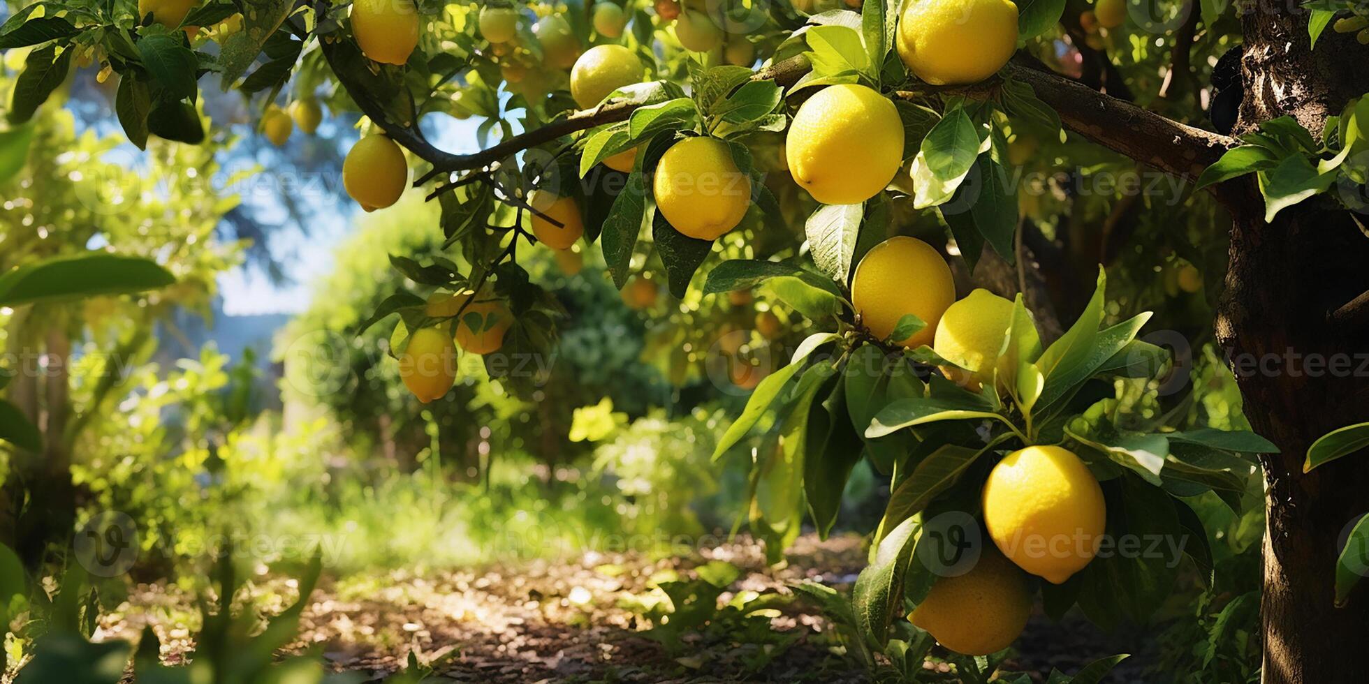 AI generated Ripe lemons growing on a lemon tree in the garden. Close-up of lemons and lemon trees in sunlight photo