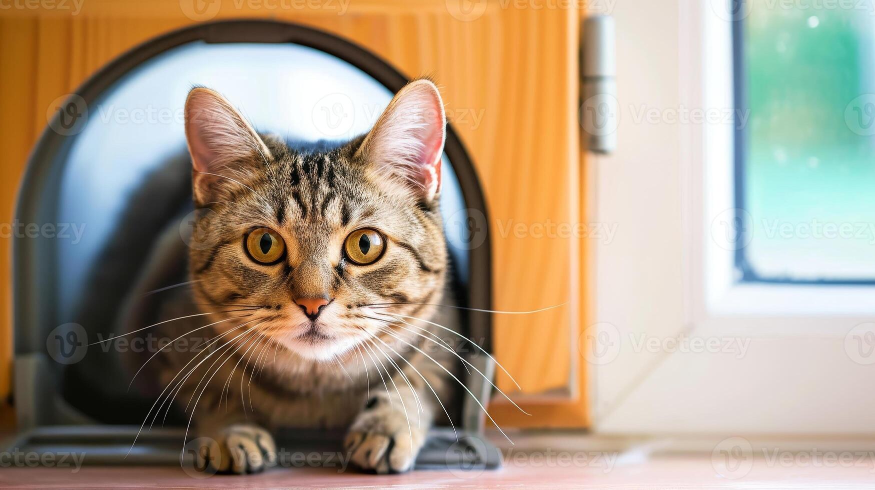 AI generated Cat confidently uses the cat flap, entering or exiting with ease, Ai Generated. photo