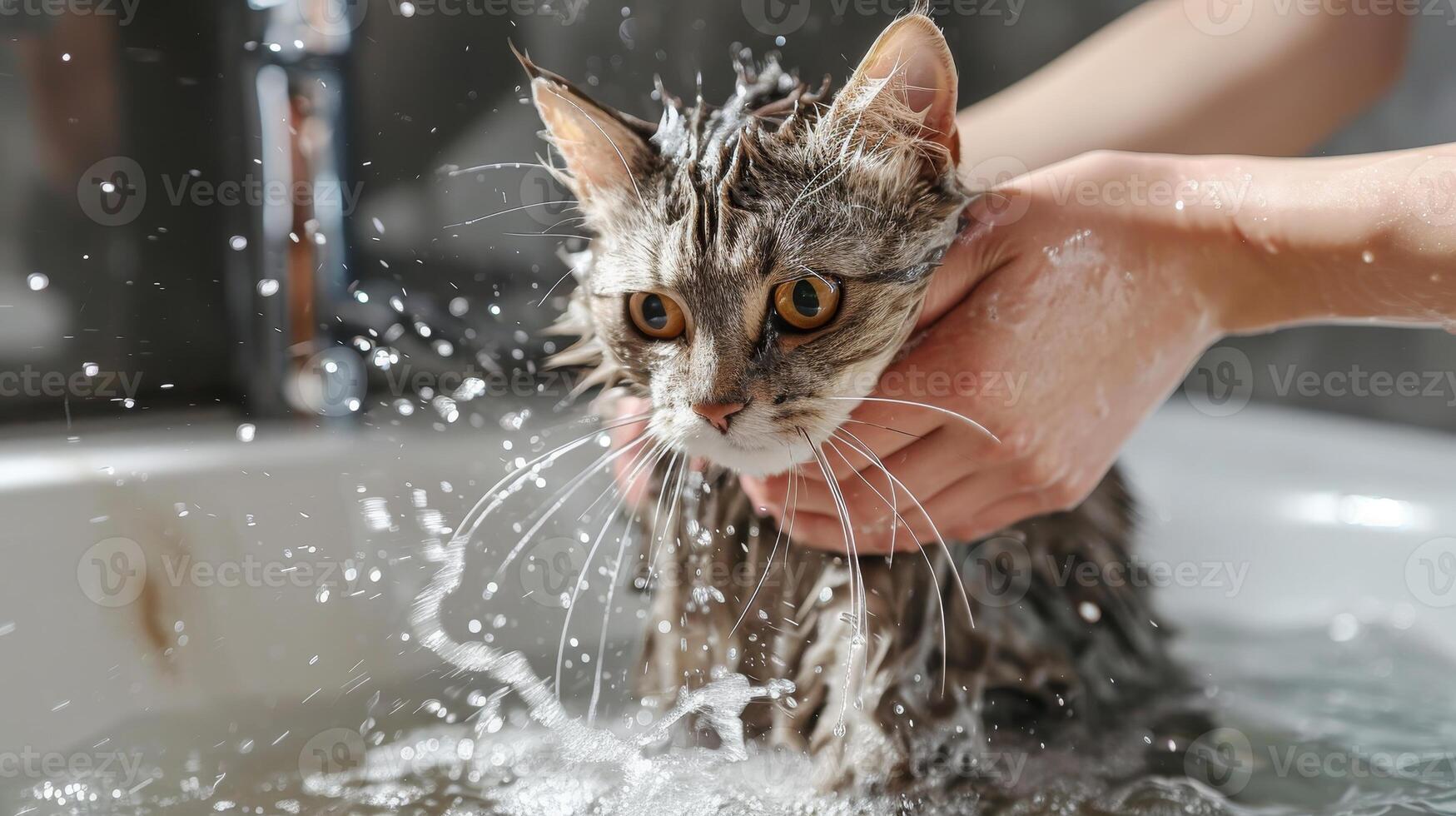 AI generated Funny wet cat gets a bath from a girl, a playful scene filled with feline antics, Ai Generated. photo
