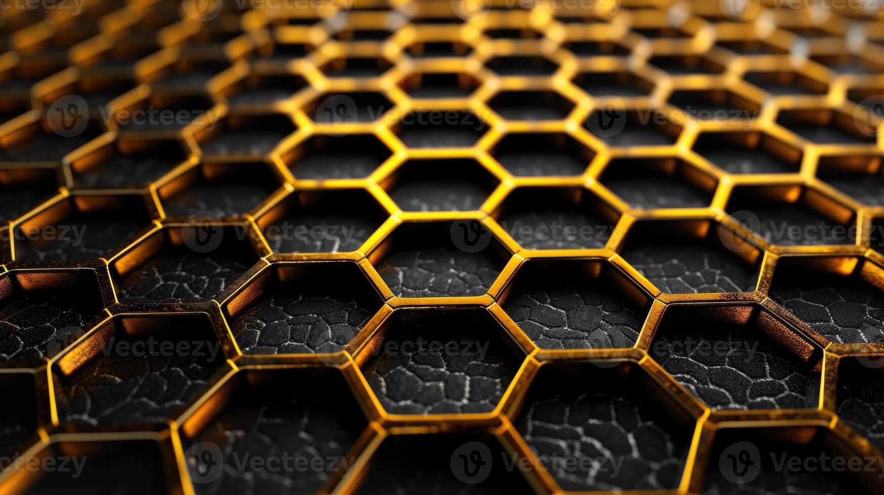 AI generated Abstract allure of a golden honeycomb on a black backdrop, radiating elegance and richness, Ai Generated. photo