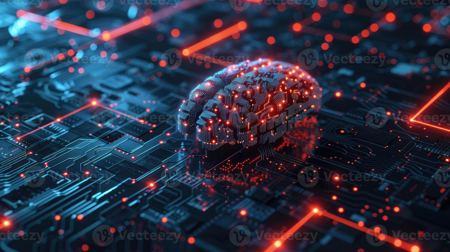 AI generated A neural circuit intertwines with an electronic cyber brain in a quantum computing system. Futuristic, Ai Generated. photo