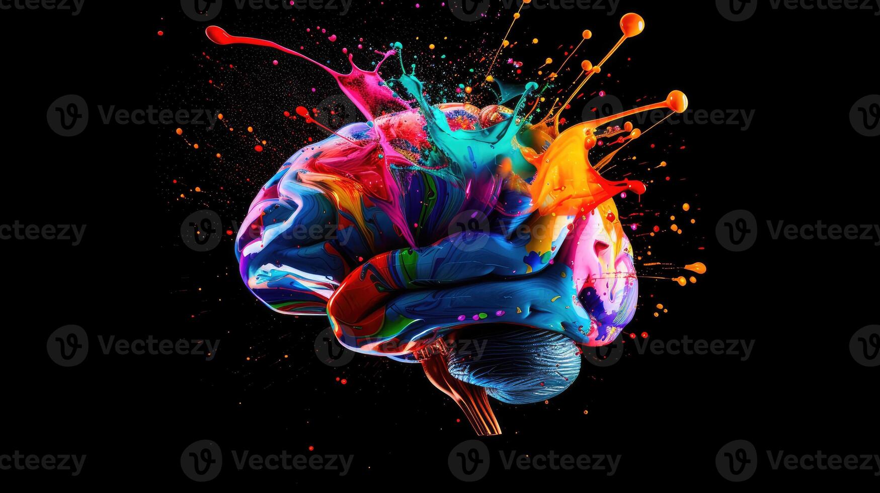 AI generated Colorful paint splashes and drops adorn a human brain, symbolizing creativity and thought. Artistic, Ai Generated. photo