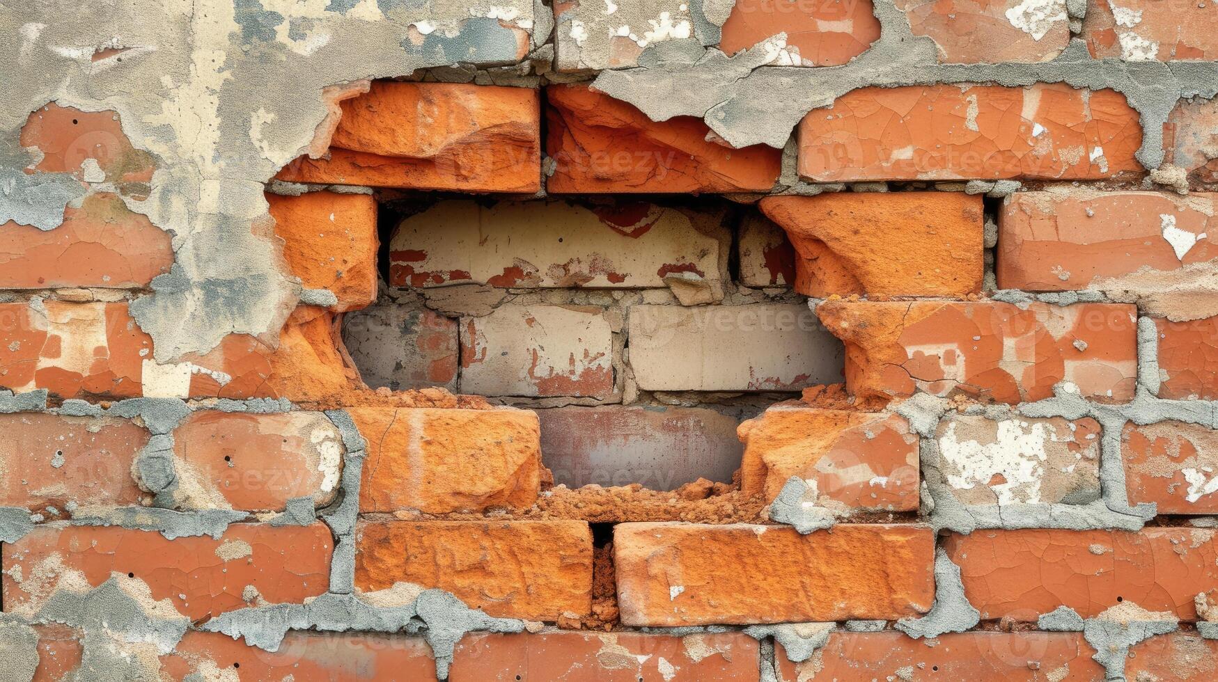 AI generated A hole reveals through a broken brown brick wall, hinting at hidden secrets. Evocative, Ai Generated. photo