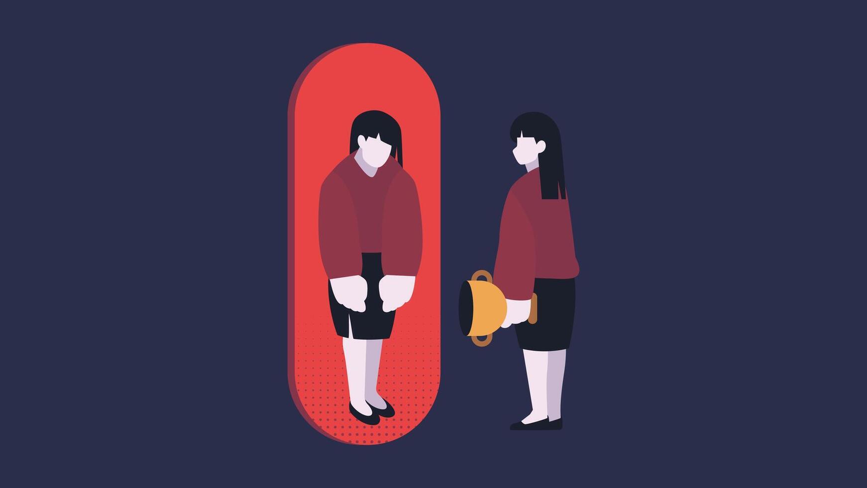 Imposter Syndrome, Businesswoman holding Trophy looks at her Sad Self in the Mirror Flat Vector Illustration Concept