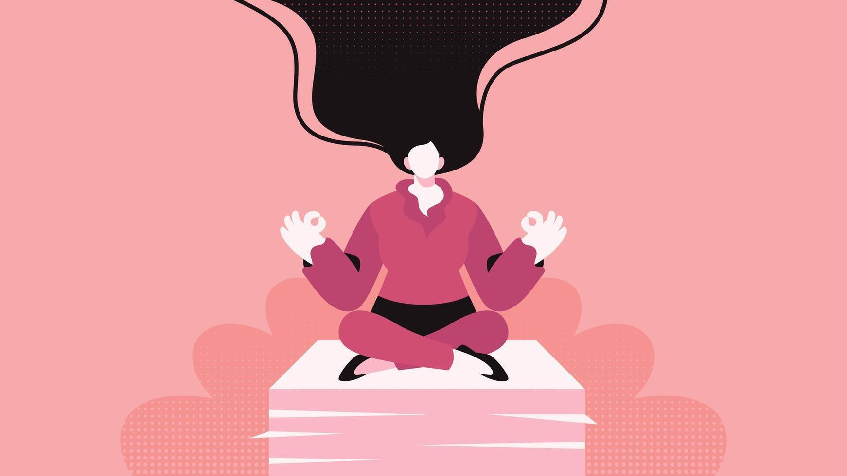 consciente de meditación a trabajar, mujer de negocios meditando en documentos plano vector ilustración concepto