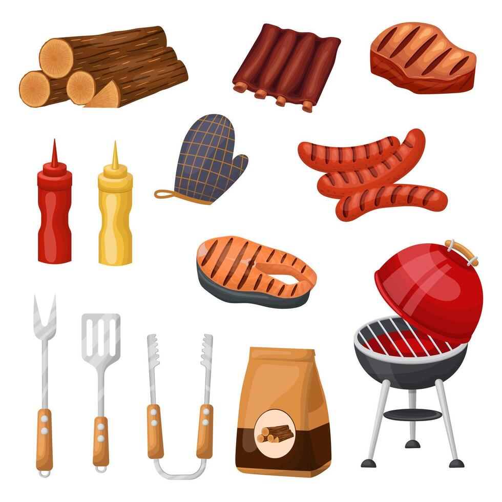 barbecue food and utensils, elements of a barbecue party. Outdoor grills, grilled meat, a vector set of equipment for a picnic on the grill