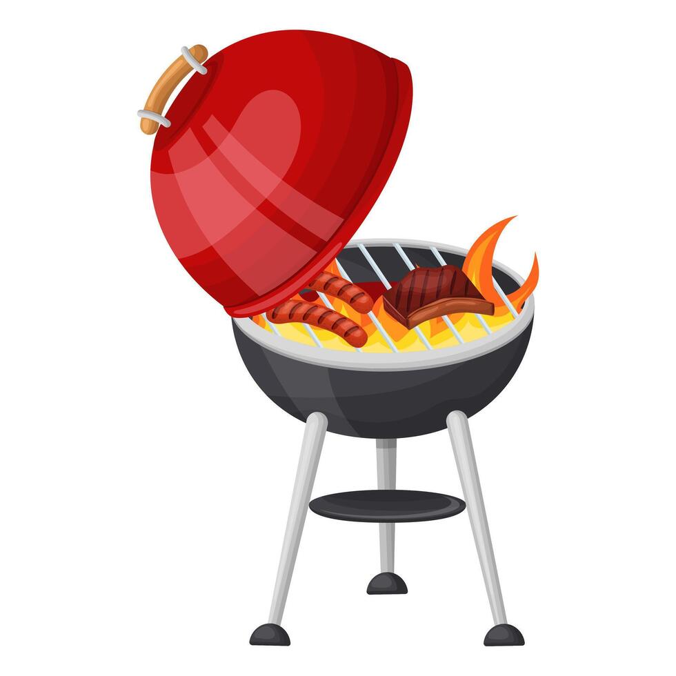 Cocinando salchichas y carne en un caliente parrilla con un abierto tapa. vector ilustración en un blanco antecedentes