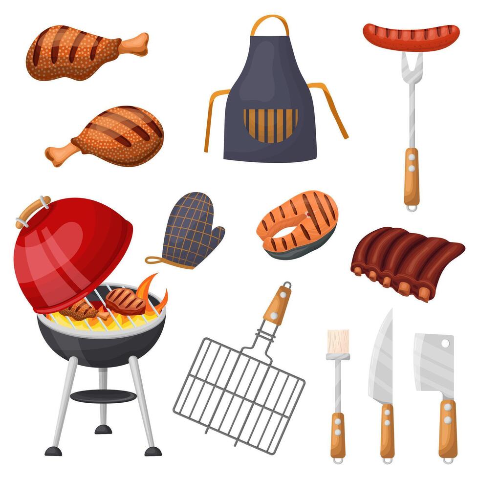 A set of barbecue food and utensils, barbecue party items. Outdoor grills, grilled meat, a vector set of equipment for a picnic on the grill