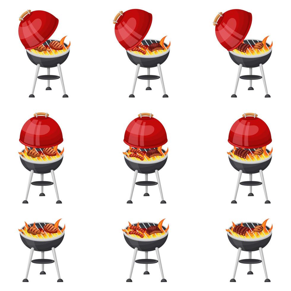 A barbecue grill set, a red-hot grill with cooking meat. Vector illustration on a white background