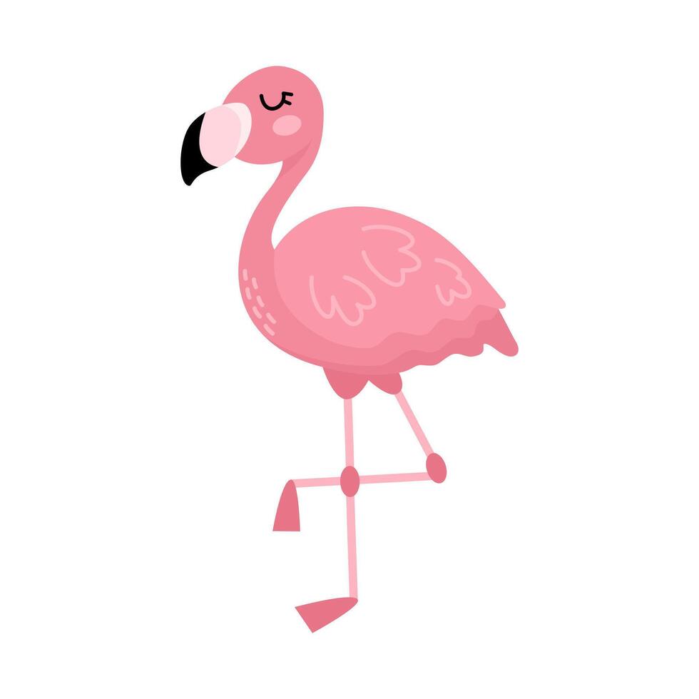 Cute cartoon pink flamingo isolated on white. Vector illustration