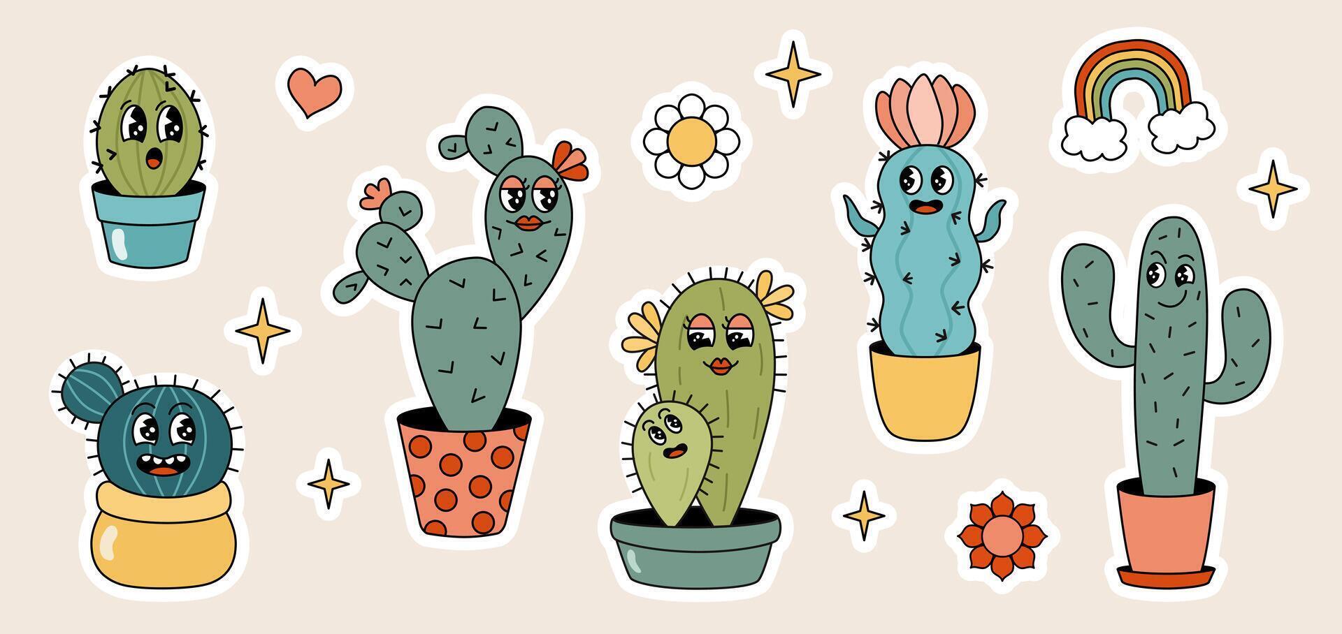 pegatina conjunto de linda maravilloso cactus dibujos animados caracteres de moda retro estilo. plantas de interior personaje con gracioso caras. vector ilustración