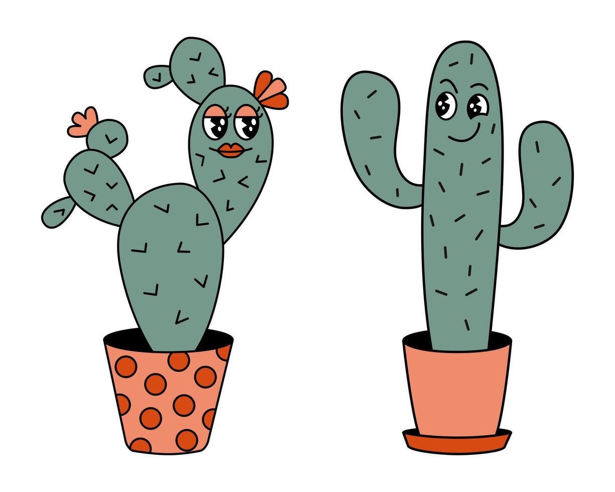 Cute groovy cactus cartoon character set. Vector illustration