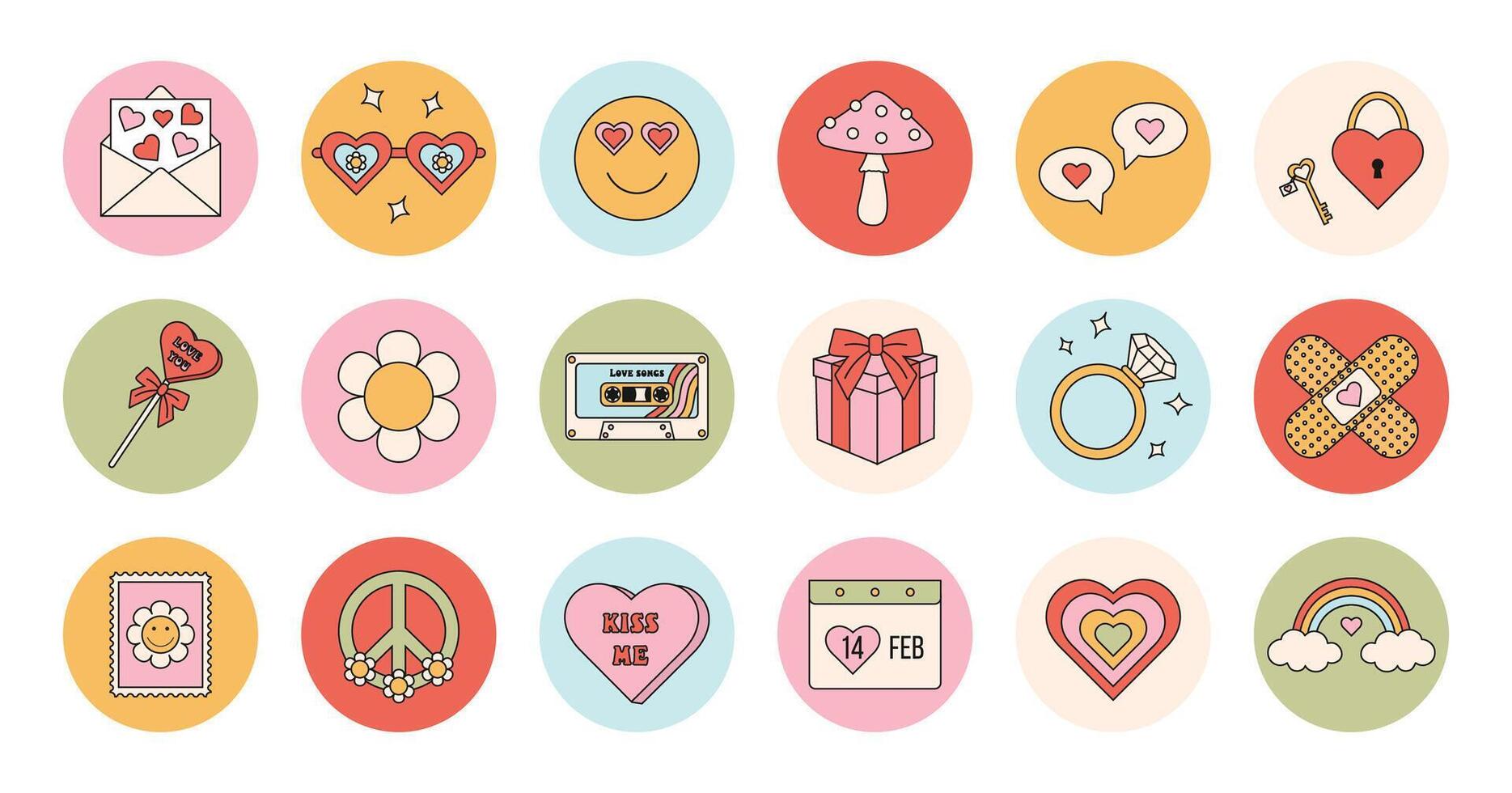 Vector set of stickers in groovy style for St. Valentine's day. Retro illustration in style 60s 70s 90s. Cute cartoon love elements.