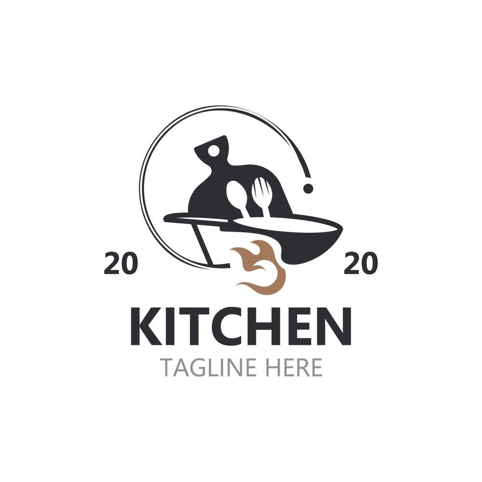 Kitchen logo vintage with plate, knife, spoon and fork for food restaurant vector