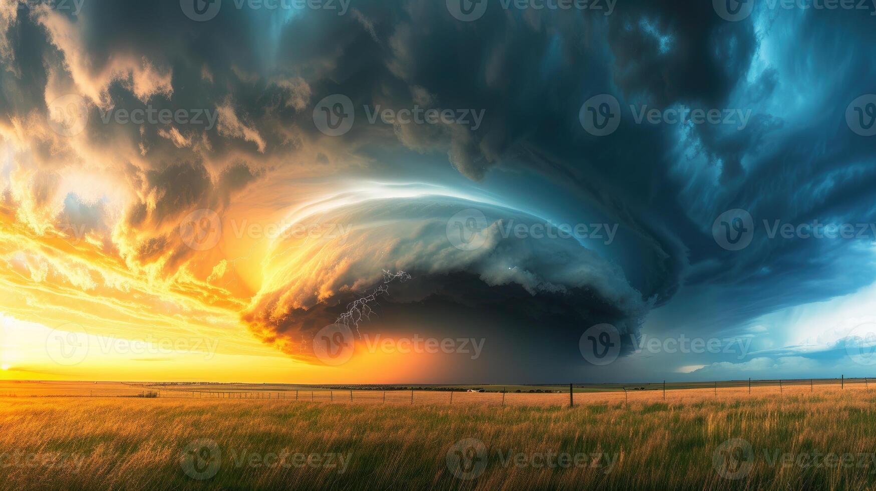 AI generated A beautifully structured supercell thunderstorm against a mesmerizing sunset sky, atmospheric drama unfolds, Ai Generated. photo