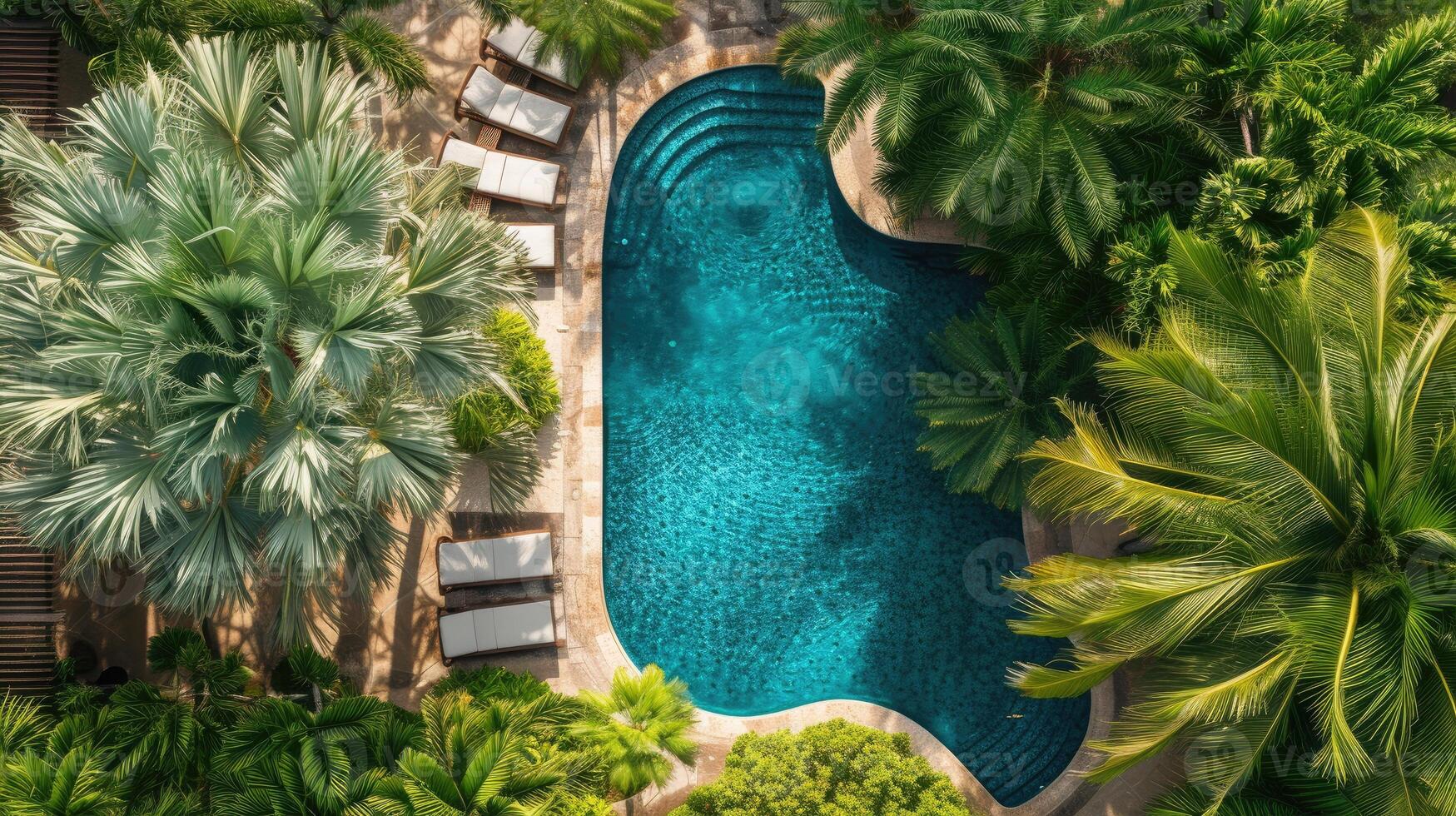 AI generated Aerial view showcases a pool oasis surrounded by lush palm trees, a tropical paradise, Ai Generated photo