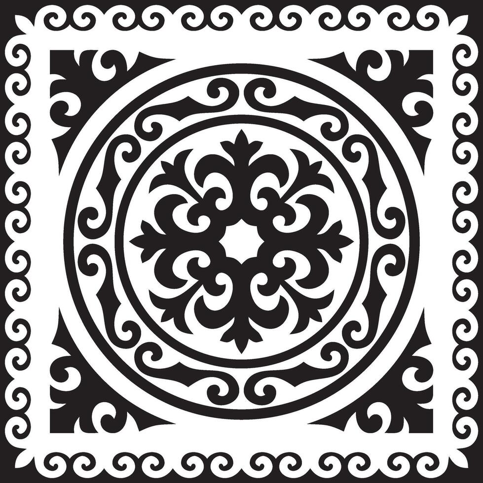 Vector black monochrome square Kazakh national ornament. Ethnic pattern of the peoples of the Great Steppe, Mongols, Kyrgyz, Kalmyks, Buryats