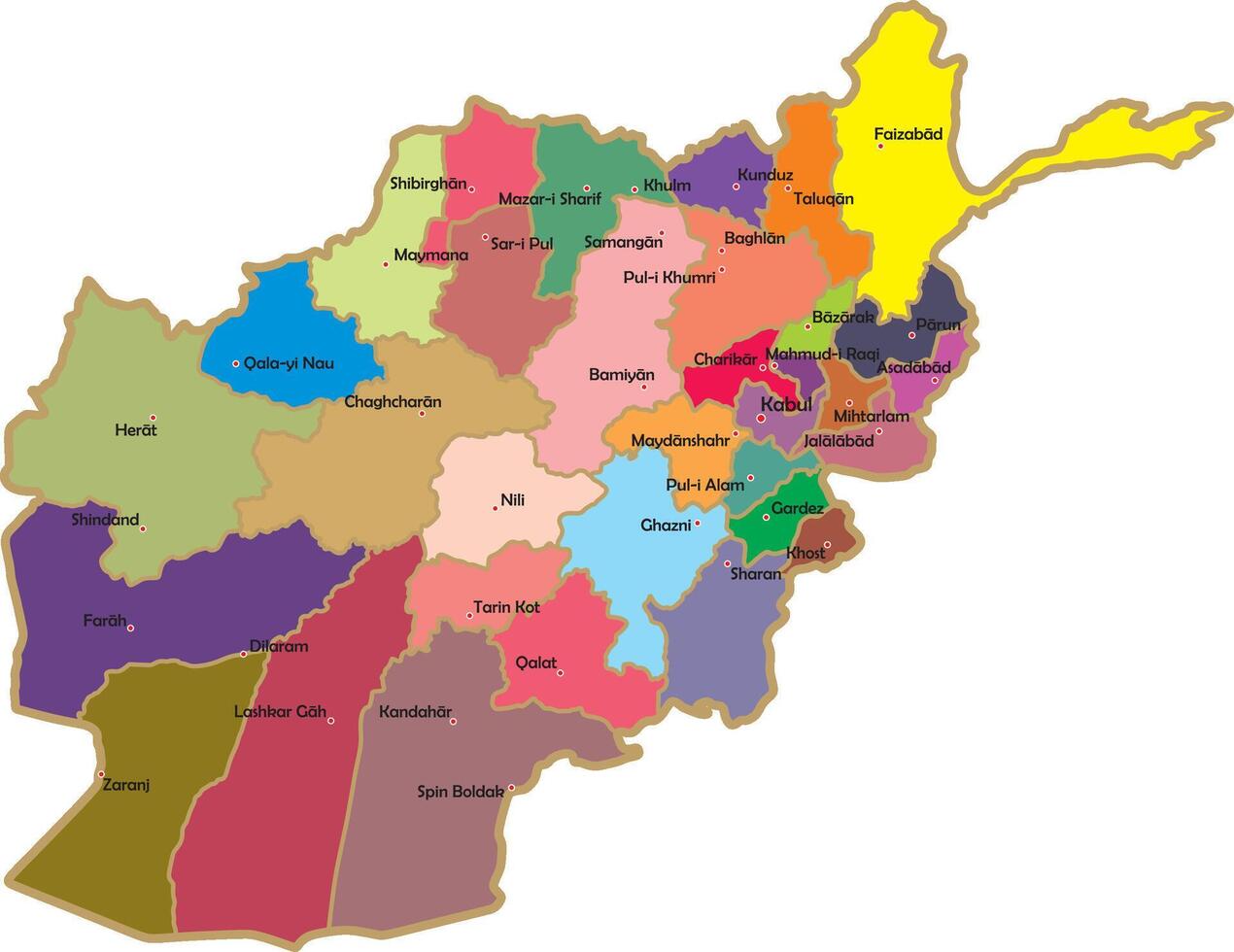 Vector color administrative map of Afghanistan with regional borders and major cities. State in Asia