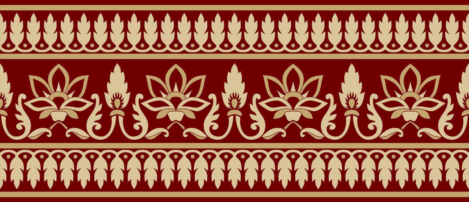 Vector seamless gold and red Indian national ornament. Ethnic endless plant border. Flowers frame. Poppies and leaves