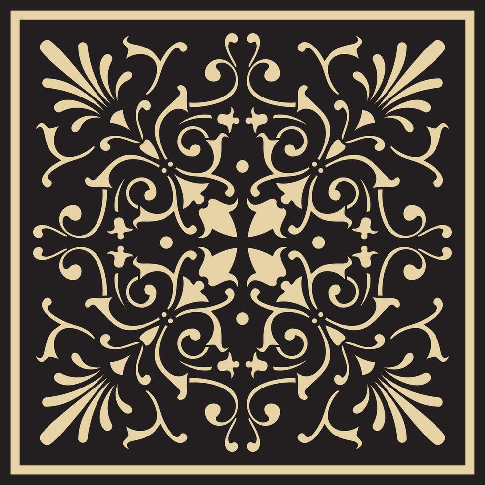 Vector golden on a black background floral square ornament of Ancient Greece and the Roman Empire. Classic tile with European peoples pattern.