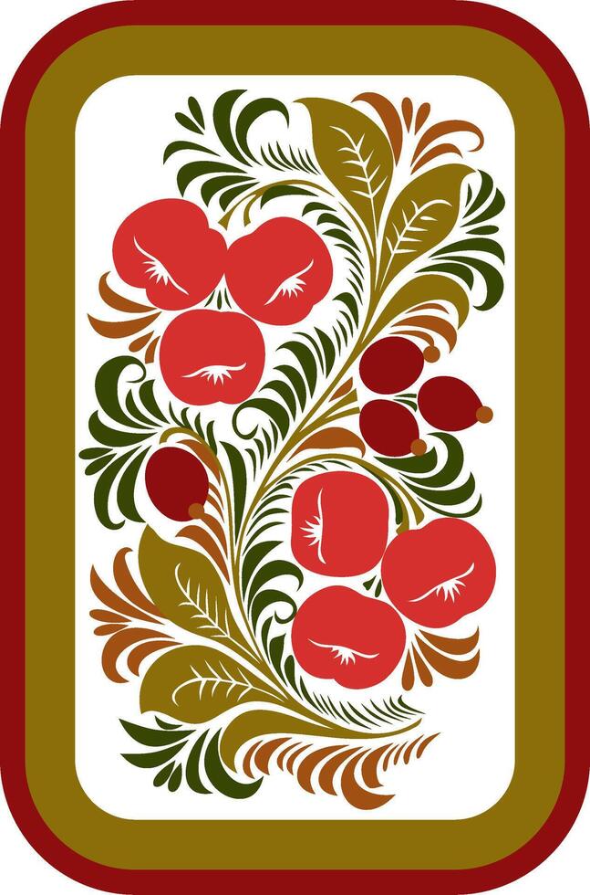 Vector white rectangular Russian national ornament Khokhloma. Ethnic Slavic fruit and berry pattern
