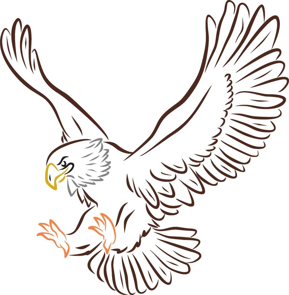 Vector color silhouette of a drawn attacking eagle. Flying bird.